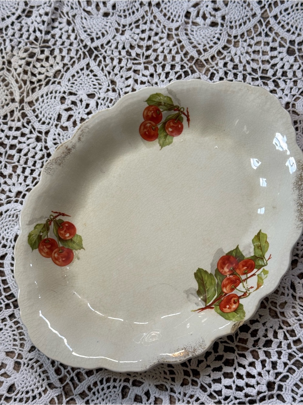 Antique Victoria Austria Cherry Porcelain Serving Platter Scalloped Edge